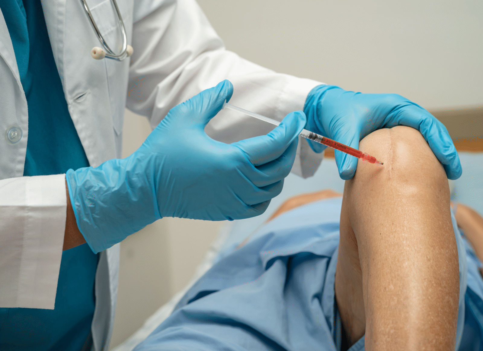 Healthcare provider administering PRF injection into a patient’s knee to support joint healing and reduce pain.